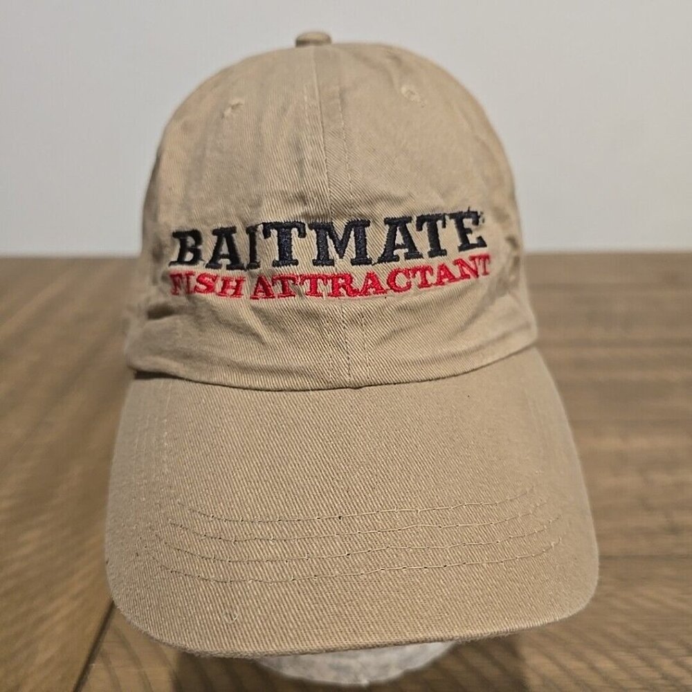 Baitmate Fish Attractant Adjustable Dad Hat Cap Strapback Khaki Embroidered